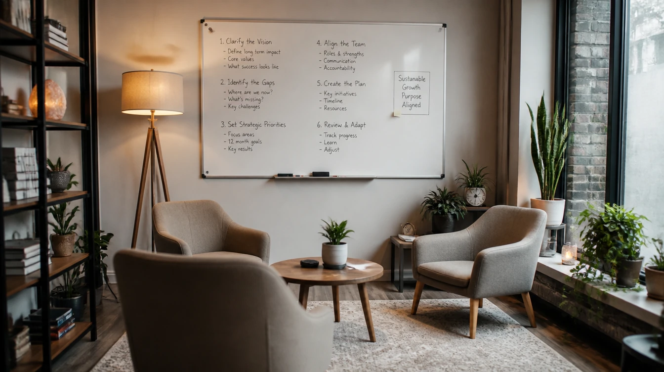 Three armchairs face a strategy whiteboard in a plant-filled coaching office.
