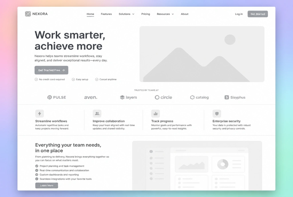 A greyscale wireframe of one homepage, showing the navigation, hero, buttons and image placeholders