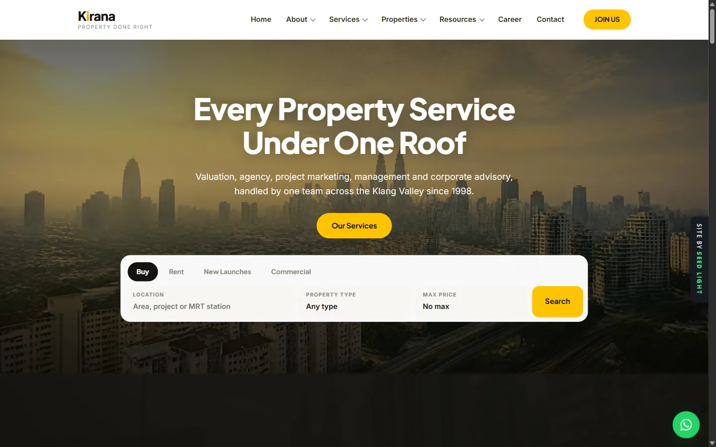 Kirana Real Estate Group demo website on a desktop browser