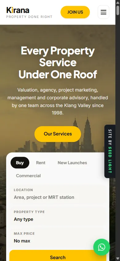 Kirana Real Estate Group demo website on a phone